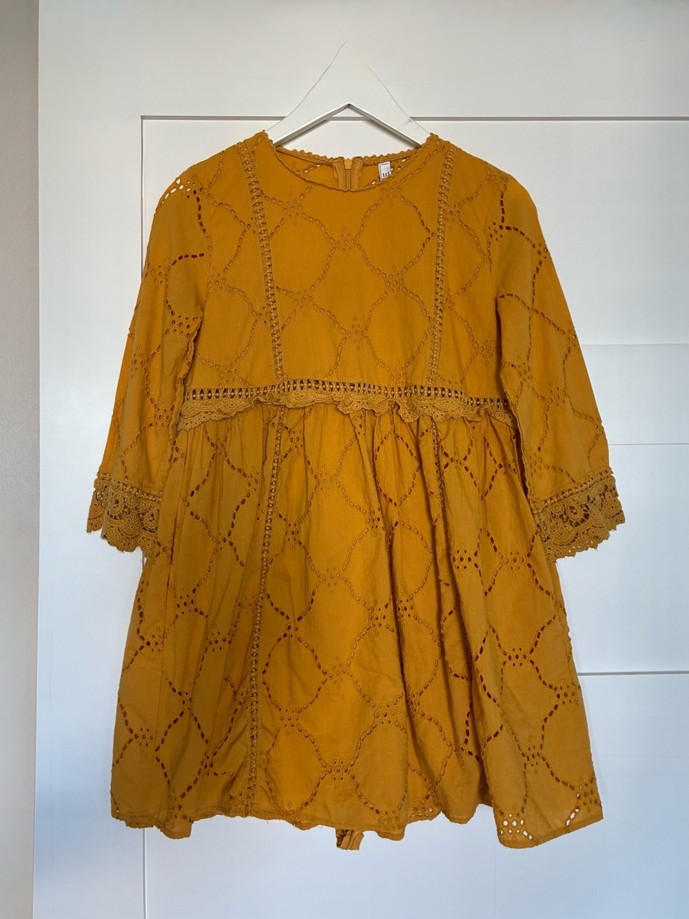 ZARA TRF M Mustard Yellow Eyelet Lace Babydoll Dress Boho Cute Fall
